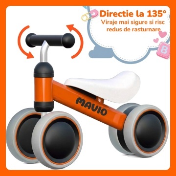 Bicicleta de Echilibru Mavio®, Pentru Copii 12-24 Luni, Greutate Maxima 15 kg, Cadru din Otel Carbon, Roti EVA + PP, Sa Confortabila, Ghidon Stabil, Design Usor si Compact, Ajuta la Dezvoltarea Echilibrului si Coordonarii, Culoare Portocaliu - Img 4