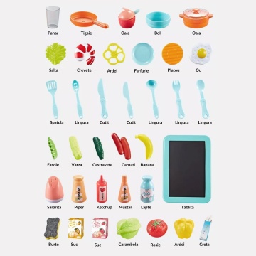Bucatarie multifunctionala completa pentru copii, chiuveta cu circuit de apa, frigider, aragaz, tablita pentru notite, fructe, legume, multiple accesorii, 42 de piese in total, albastra - Img 9