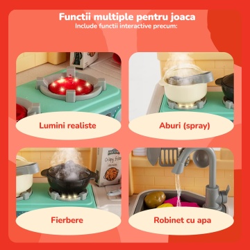 Bucatarie pentru Copii Mavio®, Simulare Gatit, Chiuveta cu Circuit Apa, Aragaz cu Aburi, Hota Interactiva, 77 piese, Inaltime 83, Lumini si Sunete Realiste, Ustensile Preparare Mancare, Portocaliu - Img 2