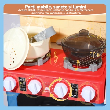 Bucatarie pentru Copii Mavio®, Simulare Gatit, Chiuveta cu Circuit Apa, Aragaz cu Aburi, Hota Interactiva, 77 piese, Inaltime 83, Lumini si Sunete Realiste, Ustensile Preparare Mancare, Albastru - Img 8