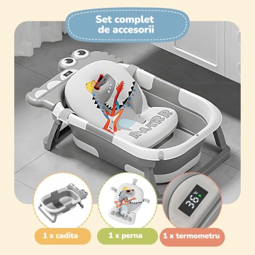 Cadita Pliabila pentru Bebelusi Mavio®, Model Little Dino, 0 - 36 Luni, 32 Litri, 63 cm, Perna de Baie Hipoalergenica, Termometru Incorporat, Suport Cap de Dus, Dop Scurgere, Picioare Antiderapante, Gaura Agatare, Gri - Img 3