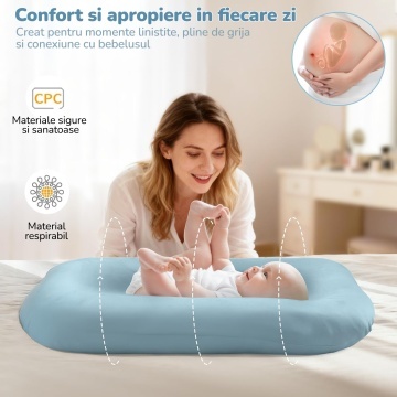 Cosulet Bebelus pentru Dormit Mavio®, Baby Lounger, Pentru Bebelusi 0-12 Luni, Material 100% Bumbac, Design Ergonomic, Spatiu Confortabil pentru Odihna si Relaxare, Usor de Folosit Acasa sau in Calatorii, Albastru - Img 5