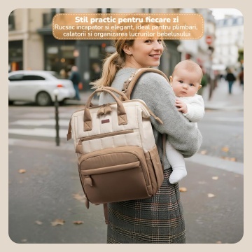 Geanta pentru Bebelusi Mavio®, 31 L, 17 Buzunare, Rucsac cu Buzunare Termoizolante, Buzunar Impermeabil, Buzunar Servetele Umede, Prindere Carucior, Buzunar Antifurt, Salteluta de Schimb, Bej - Img 6