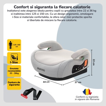 Inaltator Auto pentru Bebelusi si Copii Mavio®, Model RideUp, Fixare Centura Masina, Certificat R129, i-Size, 125-150cm, Gri Deschis - Img 3