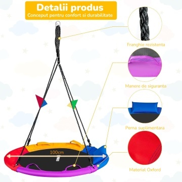 Leagan Circular pentru Copii si Adulti Mavio®, Diametru 100 cm, Interior si Exterior, Tip Cuib Barza, Capacitate 150 kg, Franghii Reglabile Anti Rasucire, Cadru din Otel Galvanizat, Material Oxford Rezistent, Perna Inclusa, Montaj Rapid, Multicolor - Img 3