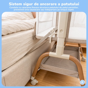 Patut Co-Sleeper Mavio®, pentru Bebelusi 0-6 Luni, Greutate Maxima 15 kg, 6 Trepte de Reglare a Inaltimii 43-57 cm, Laterale din Plasa 360°, Cadru Rezistent din Fier, Material din Tesatura de In, Bej - Img 4