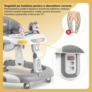 Premergator Copii 2 in 1 Mavio®, Model EasyRide, Rotobil pentru Bebelusi, Mod Antemergator, Varsta Recomandata 6-36 Luni, Maner, Pliabil, Inaltime Ajustabila, Jucarii Interactive, Anti Cadere, Roti 360 Grade, Masuta Mancare Bebe, Tavita cu Sunete, Gri - Img 4
