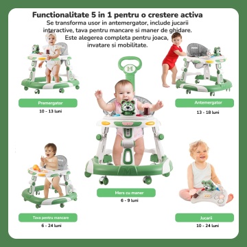 Premergator Copii 2 in 1 Mavio®, Model EasyRide, Rotobil pentru Bebelusi, Mod Antemergator, Varsta Recomandata 6-36 Luni, Maner, Pliabil, Inaltime Ajustabila, Jucarii Interactive, Anti Cadere, Roti 360 Grade, Masuta Mancare Bebe, Tavita cu Sunete, Verde - Img 5