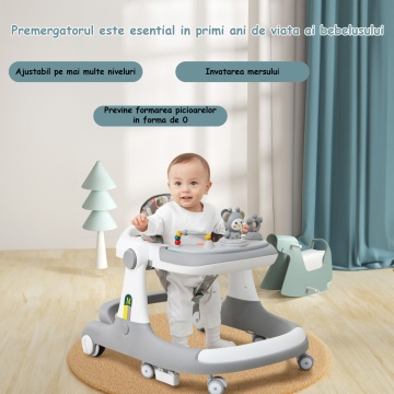 Premergator Reglabil pentru Bebelusi cu Varsta intre 12-18 Luni, Pliabil cu 3 Jucarii, Material Respirabil, Greutatea Maxima Suportata 30 kg, Gri - Img 2