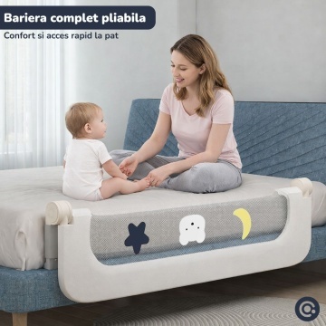 Resigilat - Bariera de Protectie Laterala pentru Pat Mavio®, 180 x 60 cm, Bariera Siguranta Pat Copii, Cadru Otel, Material Oxford 300D + Poliester, Inaltime 60 cm, Pliabila, Sistem Fixare Sigur pentru Saltea, Gri - Img 5