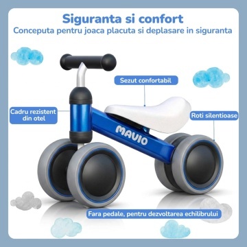 Resigilat - Bicicleta de Echilibru Mavio®, Pentru Copii 12-24 Luni, Greutate Maxima 15 kg, Cadru din Otel Carbon, Roti EVA + PP, Sa Confortabila, Ghidon Stabil, Design Usor si Compact, Ajuta la Dezvoltarea Echilibrului si Coordonarii, Culoare Albastru - Img 6