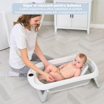 Resigilat - Cadita Pliabila pentru Bebelusi Mavio®, Model BabySpa, Reductor Ergonomic, Termometru Digital Incorporat, 0–36 Luni, 40L Capacitate, 83 cm, Dop Scurgere, Suport Dus, Picioare Antiderapante, Design Compact, Gri - Img 7