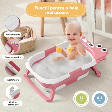 Resigilat - Cadita Pliabila pentru Bebelusi Mavio®, Model Little Dino, 0 - 36 Luni, 32 Litri, 63 cm, Perna de Baie Hipoalergenica, Termometru Incorporat, Suport Cap de Dus, Dop Scurgere, Picioare Antiderapante, Gaura Agatare, Roz (Copy 1) - Img 2