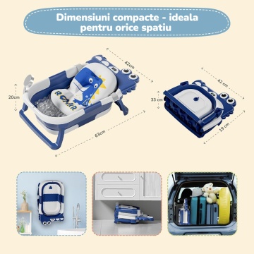 Resigilat - Cadita Pliabila pentru Bebelusi Mavio®, Model Little Dino, 0 - 36 Luni, 32 Litri, 63 cm, Perna de Baie Hipoalergenica, Termometru Incorporat, Suport Cap de Dus, Dop Scurgere, Picioare Antiderapante, Gaura Agatare, Albastru - Img 5