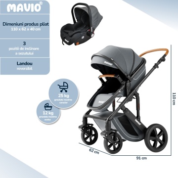 Resigilat - Carucior 3 in 1 pentru Bebelusi Mavio® Adventure, Landou Reversibil, Scoica Copii, Roti cu Suspensie, Greutate Maxima 25 kg, Pliabil, Tip Troller, Centura, 0 - 36 luni, Gri - Img 2