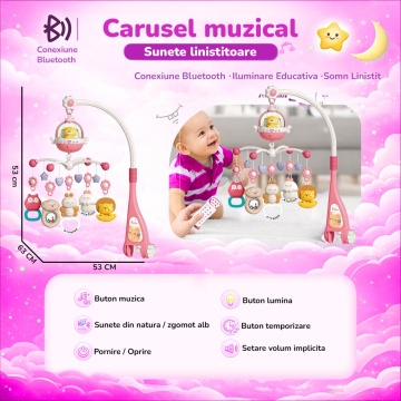 Resigilat - Carusel Muzical pentru Patut Mavio®, Model Little Bear, Proiector Lumini pentru Bebelusi, Sunete Albe & Cantece de Leagan, Telecomanda, Temporizator 20/40/60 min, 0+ luni, ABS Non-Toxic, Roz - Img 2