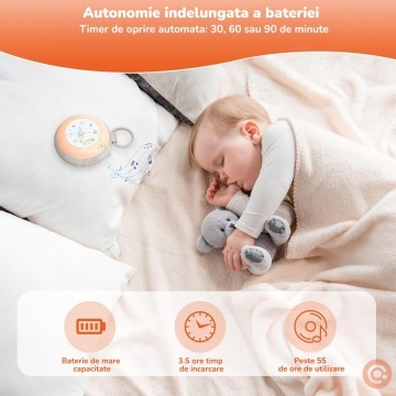 Resigilat - Dispozitiv Sunete Albe Portabil Mavio® pentru Bebelusi si Adulti, 24 Sunete Relaxante, 2 Functii Inregistrare, Bluetooth, 7 Culori Ambientale, Baterie Reincarcabila 2000 mAh, Difuzor 3W, Temporizator 30/60/90 min, Lumina de Noapte, Alb - Img 5