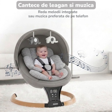 Resigilat - Leagan Electric pentru Bebelusi Mavio®, Pentru Bebelusi 0+ Luni, Greutate Maxima 9 kg, 5 Viteze de Leganare, Functie Muzica, Timer, Bluetooth, Telecomanda, Centura de Siguranta in 3 Puncte, Plasa Anti-Insecte, Cadru Rezistent, Pliabil - Img 6