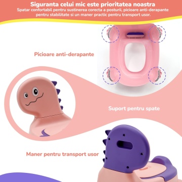 Resigilat - Olita pentru Copii Mavio®, Model Dinozaur, Colac Moale, Design Ergonomic, Non-Toxic, Varsta 1-6 Ani, Compartiment Detasabil, Maner Transport, Usor de Curatat, Picioare Anti-derapante, Roz - Img 4