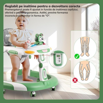 Resigilat - Premergator Copii 2 in 1 Mavio®, Model EasyRide, Rotobil pentru Bebelusi, Mod Antemergator, Varsta Recomandata 6-36 Luni, Inaltime Ajustabila, Jucarii Interactive, Anti Cadere, Roti 360 Grade, Masuta Mancare Bebe, Tavita cu Sunete, Verde - Img 3