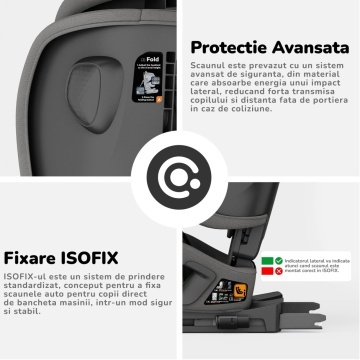 Resigilat - Scaun Auto Bebelusi Mavio®, Model Foldy, 76-150 cm, Unghi Reglabil, ISOFIX, Copii intre 18 luni - 12 ani, Pliabil, Spatar Rabatabil, Omologat i-Size R129, Protectie Impact Lateral, Centura de Siguranta 5 Puncte, Tetiera Reglabila - Img 3