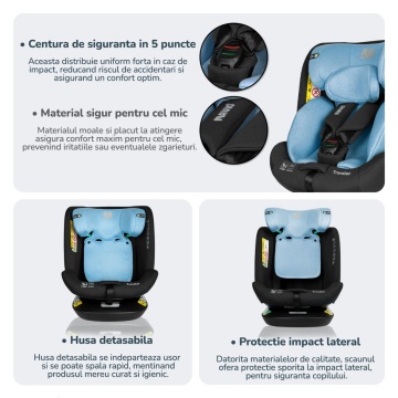 Resigilat - Scaun Auto Bebelusi Mavio®, Model Traveler, 40-150 cm, Rotatie 360 de grade, ISOFIX, Copii intre 0 - 12 ani, Omologat i-Size R129, Negru/ Albastru - Img 7
