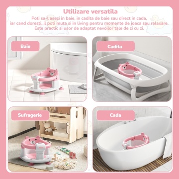 Resigilat - Scaun de Baie pentru Bebelusi Mavio®, Model Little Bear, Sistem Blocare, Varsta 6 luni+, Practic, Usor de Folosit, 4 Ventuze Fixare, Gauri Scurgere, Sezut si Spatar Confortabile, Materiale Sigure, Roz - Img 7