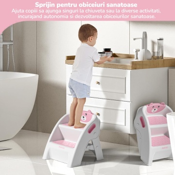 Resigilat - Scaunel Copii Mavio®, Model Little Bear, Scara cu Suprafata Antialunecare, Inaltator WC in Doua Trepte, Maner Transport, Taburet Pliabil pentru Baie, Toaleta, Chiuveta, Bucatarie, Greutate Suportata 68kg, Roz - Img 3