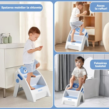 Resigilat - Scaunel Copii Mavio®, Model Little Bear, Scara cu Suprafata Antialunecare, Inaltator WC in Doua Trepte, Maner Transport, Taburet Pliabil pentru Baie, Toaleta, Chiuveta, Bucatarie, Greutate Suportata 68kg, Albastru - Img 4