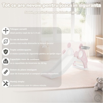Resigilat - Tobogan Copii Mavio® cu Cos Baschet, 1–4 Ani, Panta Alunecare 115 cm, Structura HDPE Durabila, Pliabil, Stabil si Sigur, Design Ergonomic, Interior/Exterior, Dimensiuni 125x66x33 cm, Roz - Img 2