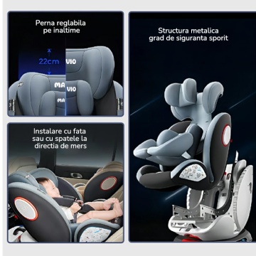 Scaun Auto Bebelusi Mavio®, Model Asento, 40-150 cm, 360 de grade, ISOFIX, Copii intre 0 - 12 ani, Omologat i-Size R129, Gri Inchis - Img 6