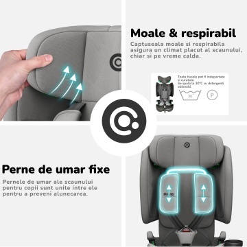 Scaun Auto Bebelusi Mavio®, Model Foldy, 76-150 cm, Unghi Reglabil, ISOFIX, Copii intre 18 luni - 12 ani, Pliabil, Spatar Rabatabil, Omologat i-Size R129, Protectie Impact Lateral, Centura de Siguranta 5 Puncte, Tetiera Reglabila, Husa Detasabila, Gri - Img 6