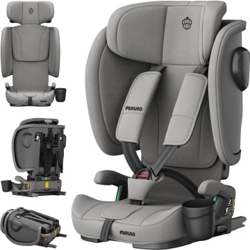 Scaun Auto Bebelusi Mavio®, Model Foldy, Unghi Reglabil, ISOFIX, Copii intre 18 luni - 12 ani, Pliabil, Spatar Rabatabil, Omologat i-Size R129, Protectie Impact Lateral, Centura de Siguranta 5 Puncte, Tetiera Reglabila, Husa Detasabila, Gri - Img 1