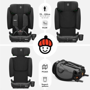 Scaun Auto Bebelusi Mavio®, Model Foldy, Unghi Reglabil, ISOFIX, Copii intre 18 luni - 12 ani, Pliabil, Spatar Rabatabil, Omologat i-Size R129, Protectie Impact Lateral, Centura de Siguranta 5 Puncte, Tetiera Reglabila, Husa Detasabila, Negru - Img 3