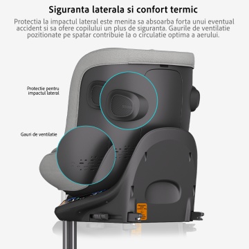 Scaun Auto Bebelusi Mavio®, Model Shield, Picior Fixare, 40-105 cm, Rotire 360 Grade, Unghi Reglabil, ISOFIX, Copii 0 luni - 4 ani, Spatar Rabatabil, Omologat i-Size R129, Protectie Impact Lateral, Centura de Siguranta 5 Puncte, Tetiera Reglabila, Gri - Img 5
