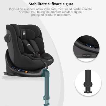 Scaun Auto Bebelusi Mavio®, Model Shield, Picior Fixare, 40-105, Rotire 360 Grade, Unghi Reglabil, ISOFIX, Copii 0 luni - 4 ani, Spatar Rabatabil, Omologat i-Size R129, Protectie Impact Lateral, Centura de Siguranta 5 Puncte, Tetiera Reglabila, Negru - Img 3