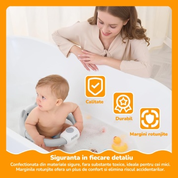 Scaun de Baie pentru Bebelusi Mavio®, Model Little Bear, Sistem Blocare, Varsta 6 luni+, Practic, Usor de Folosit, 4 Ventuze Fixare, Gauri Scurgere, Sezut si Spatar Confortabile, Materiale Sigure, Gri - Img 2