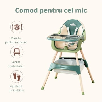 Scaun de Masa 3in1 pentru Bebelusi si Copii, Varsta 6-72 luni, Inaltime Ajustabila, Centura de Siguranta in 5 Puncte, Tavita Reglabila si Detasabila, Loc pentru Depozitare, Verde - Img 8