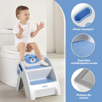 Scaunel Copii Mavio®, Model Little Bear, Scara cu Suprafata Antialunecare, Inaltator WC in Doua Trepte, Maner Transport, Taburet Pliabil pentru Baie, Toaleta, Chiuveta, Bucatarie, Greutate Suportata 68kg, Albastru - Img 2