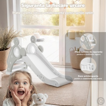 Tobogan Copii Mavio® cu Cos Baschet, 1–4 Ani, Panta Alunecare 115 cm, Structura HDPE Durabila, Pliabil, Stabil si Sigur, Design Ergonomic, Interior/Exterior, Dimensiuni 125x66x33 cm, Gri - Img 3