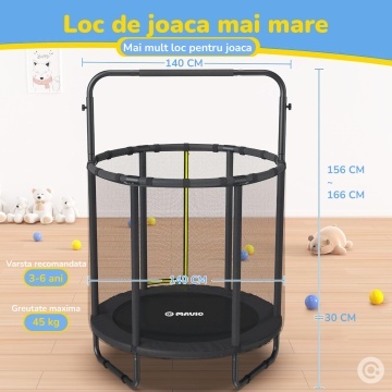 Trambulina pentru Copii Mavio®, 140 cm, Interior/Exterior, cu Bara de Sustinere, Cos si Minge de Baschet Incluse, Plasa de Protectie Interioara, Cadru din Otel Galvanizat, Design Anti-Cadere, Capacitate 45 kg, Sigura si Stabila - Img 6