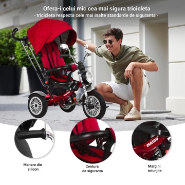 Tricicleta pentru Copii Mavio®, Pozitie de Somn, Centura de Siguranta, Far cu Lumina, Oglinzi, Cauciucuri Spuma EVA, Greutate Maxima Admisa 25kg, Rosu - Img 6
