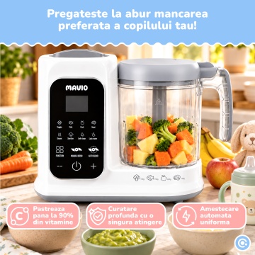 Aparat de Gatit cu Aburi Mavio® pentru Bebelusi, Gatire si Mixare Automata, Mixare Manuala, Functie One-Touch, Timer Automat, Cana 1050 ml, Capacitate Mixare 400 ml, Rezervor Apa 250 ml, Curatare Profunda, BPA Free, 300 W - Img 2