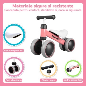 Bicicleta de Echilibru Mavio®, Pentru Copii 12-24 Luni, Greutate Maxima 15 kg, Cadru din Otel Carbon, Roti EVA + PP, Sa Confortabila, Ghidon Stabil, Design Usor si Compact, Ajuta la Dezvoltarea Echilibrului si Coordonarii, Culoare Roz - Img 5