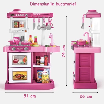 Bucatarie Multifunctionala Completa pentru Copii, Interactiva, 53 de Piese, cu Lumini si Sunete Realiste, Chiuveta cu Circuit de Apa, Cuptor, Plita, Simulare Gatit, 74 cm Inaltime, Culoare Roz - Img 8