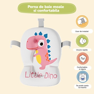 Cadita Pliabila pentru Bebelusi Mavio®, Model Little Dino, 0 - 36 Luni, 32 Litri, 63 cm, Perna de Baie Hipoalergenica, Termometru Incorporat, Suport Cap de Dus, Dop Scurgere, Picioare Antiderapante, Gaura Agatare, Roz - Img 6