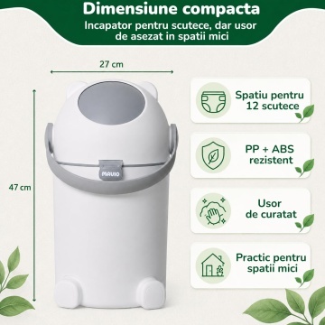 Cos pentru Scutece Mavio®, Capacitate 12 Litri, Inchidere Ermetica, Compatibil cu Saci Obisnuiti, Reduce Mirosurile Neplacute, Utilizare Rapida cu o Mana, Material PP + ABS Rezistent, Usor de Curatat, Design Compact, Pentru Camera Bebelusului, Alb/Gri - Img 4