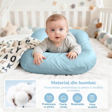 Cosulet Bebelus pentru Dormit Mavio®, Baby Lounger, Pentru Bebelusi 0-12 Luni, Material 100% Bumbac, Design Ergonomic, Spatiu Confortabil pentru Odihna si Relaxare, Usor de Folosit Acasa sau in Calatorii, Albastru - Img 2