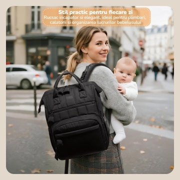 Geanta pentru Bebelusi Mavio®, 31 L, 17 Buzunare, Rucsac cu Buzunare Termoizolante, Buzunar Impermeabil, Buzunar Servetele Umede, Prindere Carucior, Buzunar Antifurt, Salteluta de Schimb, Negru - Img 5