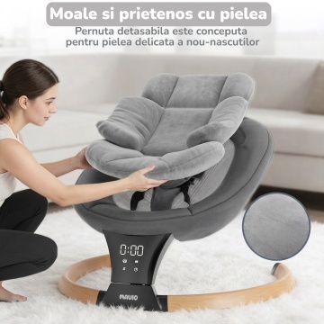 Leagan Electric pentru Bebelusi Mavio®, Pentru Bebelusi 0+ Luni, Greutate Maxima 9 kg, 5 Viteze de Leganare, Functie Muzica, Timer, Bluetooth, Telecomanda, Centura de Siguranta in 3 Puncte, Plasa Anti-Insecte, Cadru Rezistent, Pliabil - Img 3